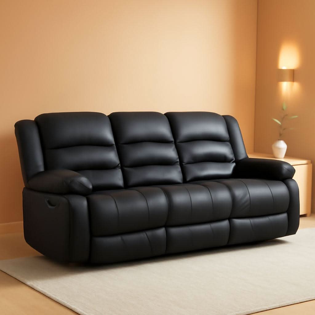 Black Faux Leather Manual Recliner Sofa Cupholders