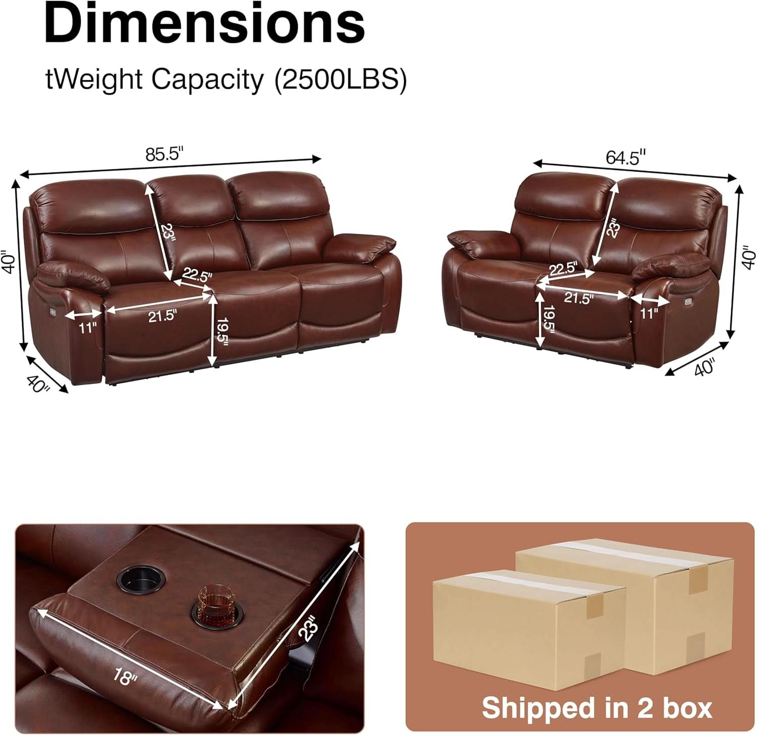 Brown Fullgrain Leather Powered Recliner Sofa Unit
