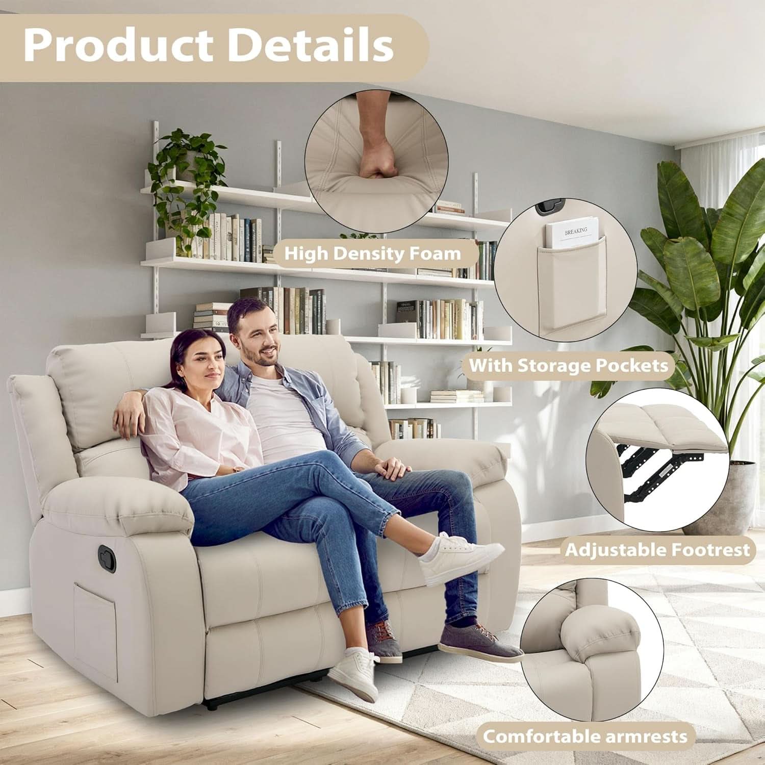 Manual Leather Loveseat Recliner Sofa With Pockets