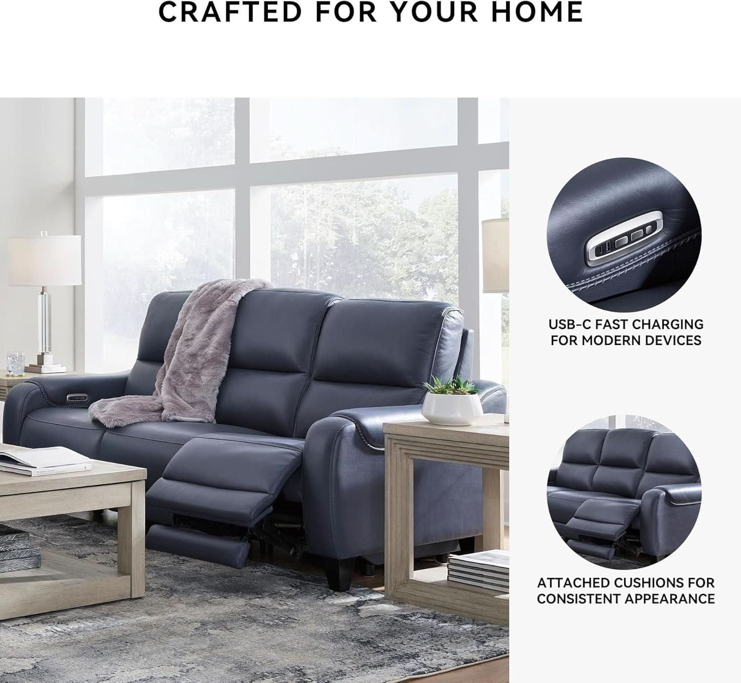 Cerulean Leather Wall Hugger Power Reclining Sofa