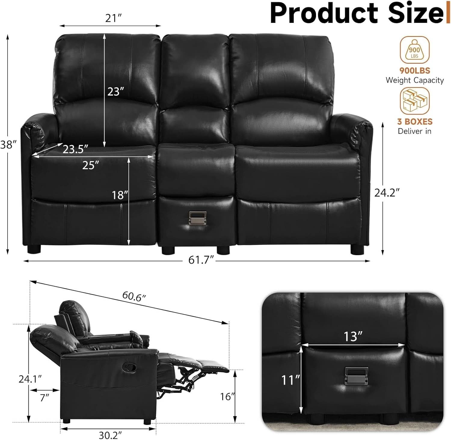 Manual Reclining Two Seater PU Leather Sofa Premium
