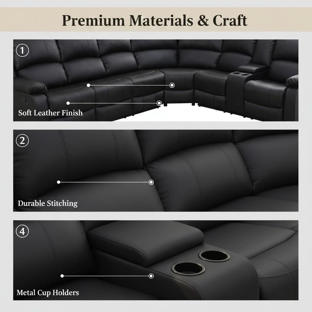 Power Reclining Leather Sectional Sofa Black Home Theater