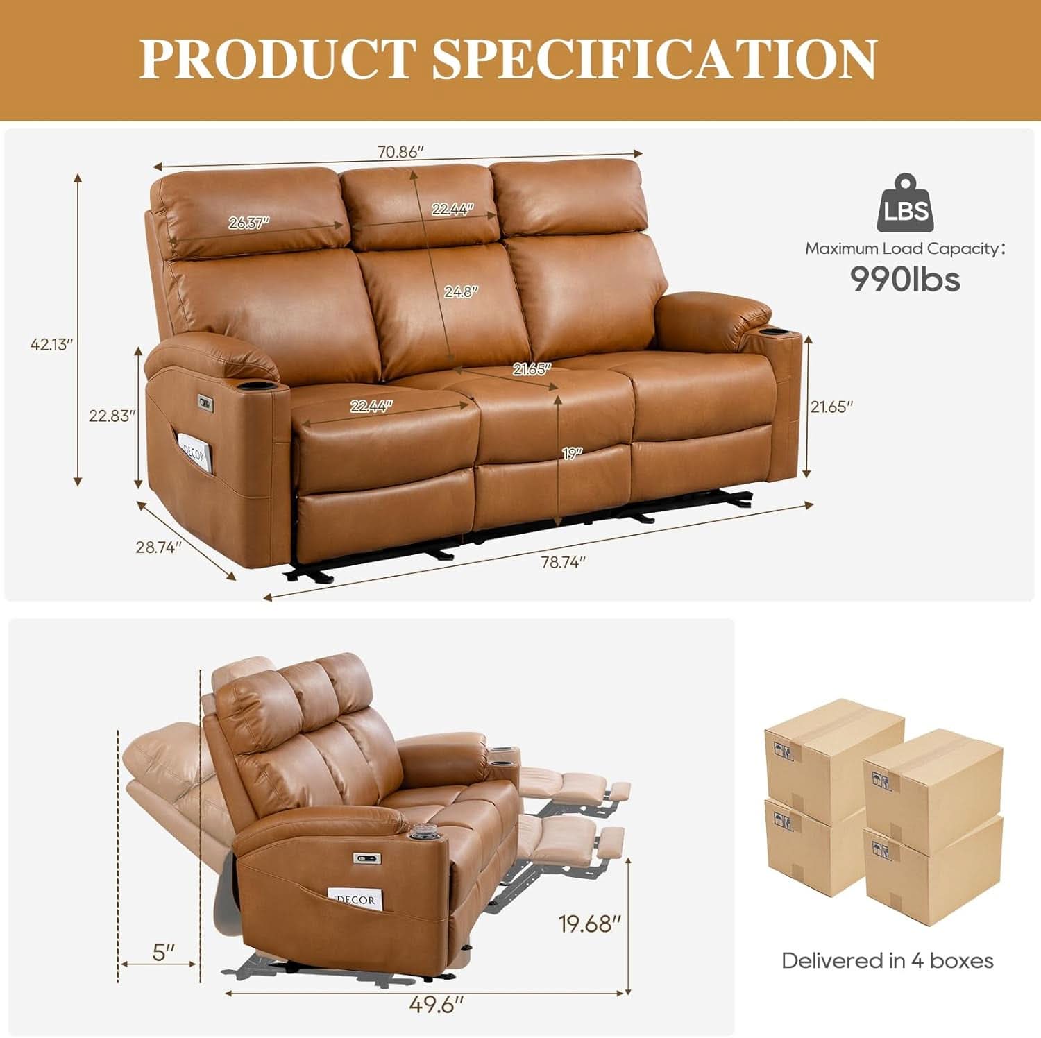 Power Reclining Sofa Brown PU Leather Independent Backrests