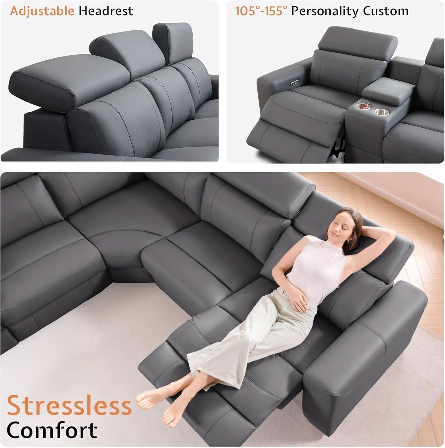 Grey Leather Power Recliner Sofa With Center Console