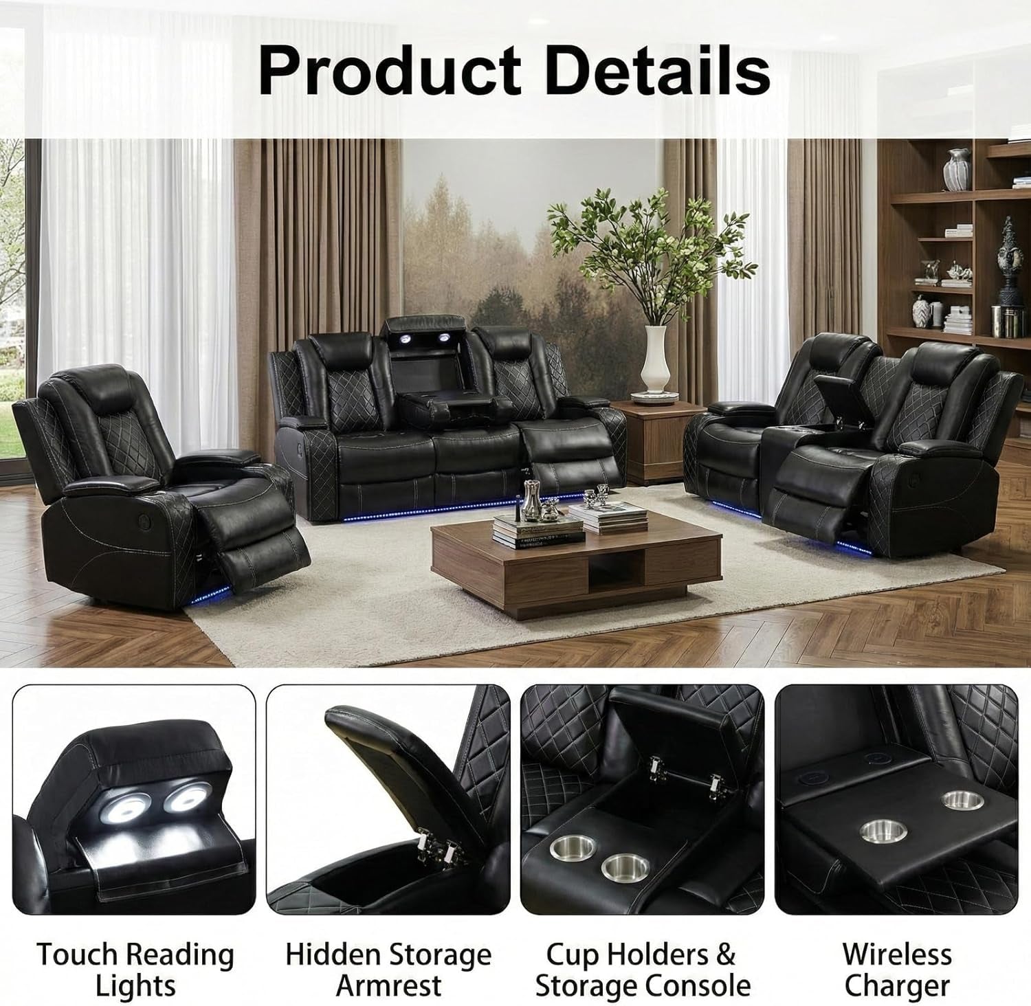 Black Luxurious Leather Power Reclining Sectional Sofa