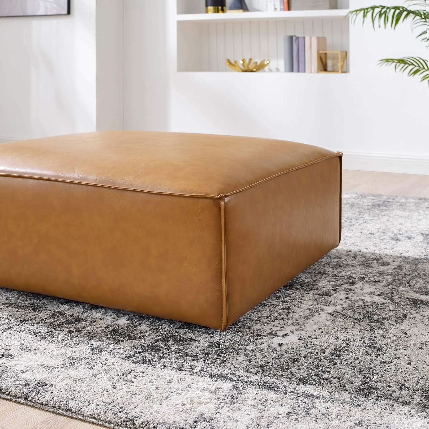 Tan Vegan Leather Contemporary Sectional Sofa Ottoman