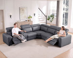 Grey Leather Power Recliner Sofa With Center Console