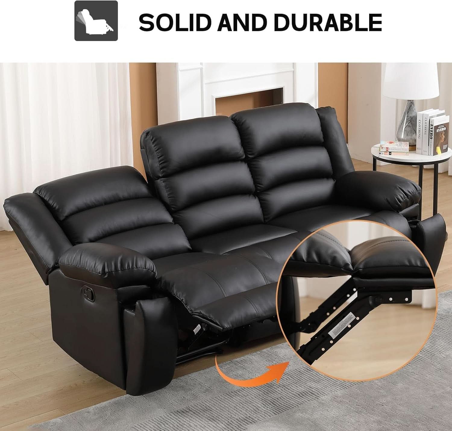 Black Faux Leather Manual Recliner Sofa Cupholders