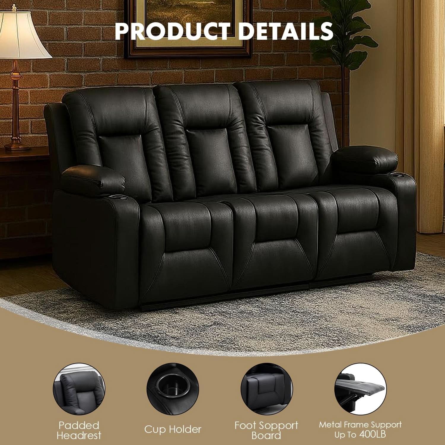 Black Leather Upholstered Manual Recliner Sofa Set