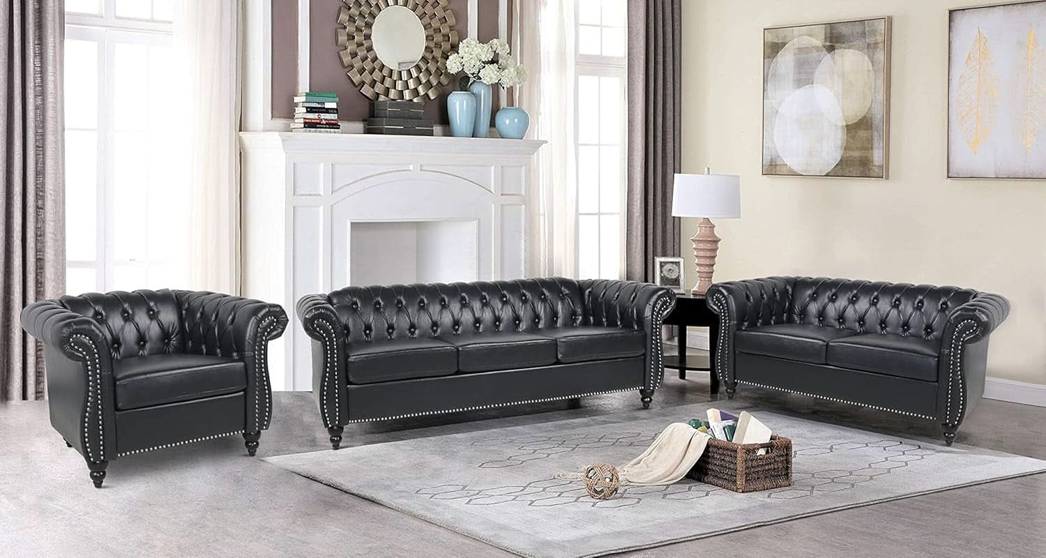 Black Faux Leather Chesterfield Sofa Set 3 Seater Loveseat