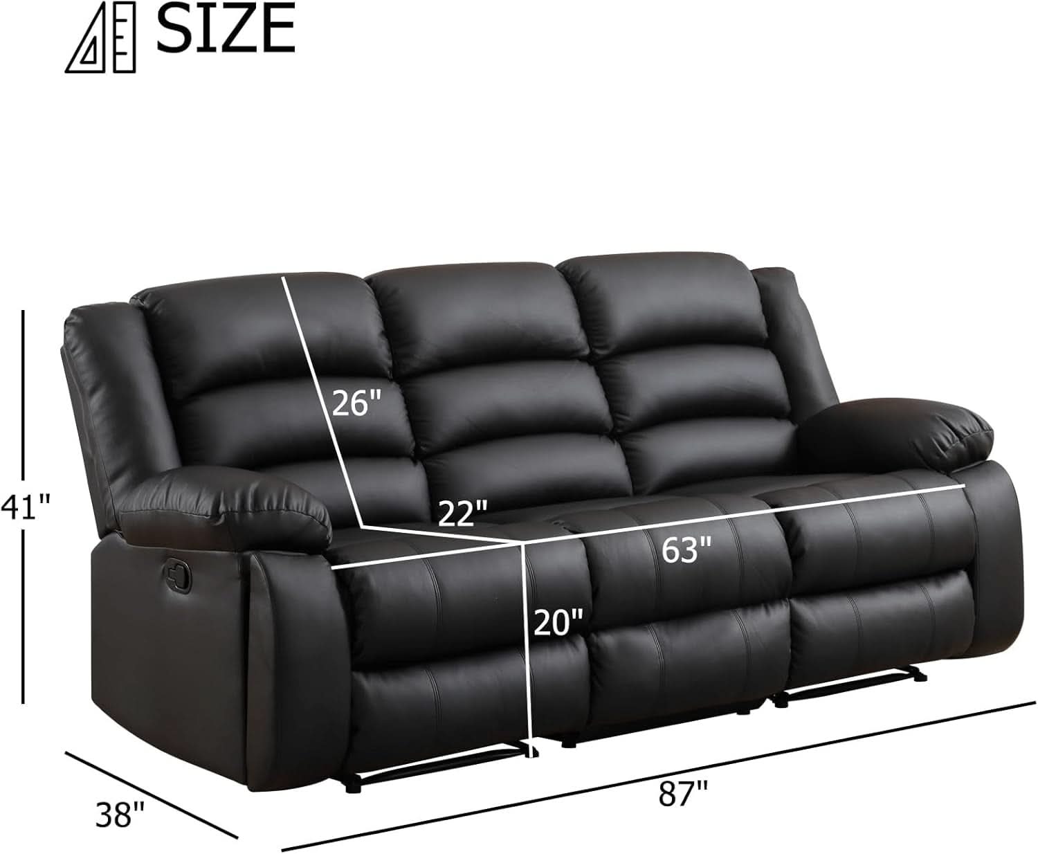 Black Faux Leather Manual Recliner Sofa Cupholders