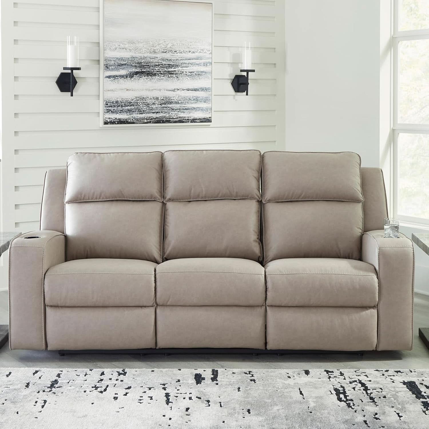 Contemporary Faux Leather Manual Recliner Sofa Beige