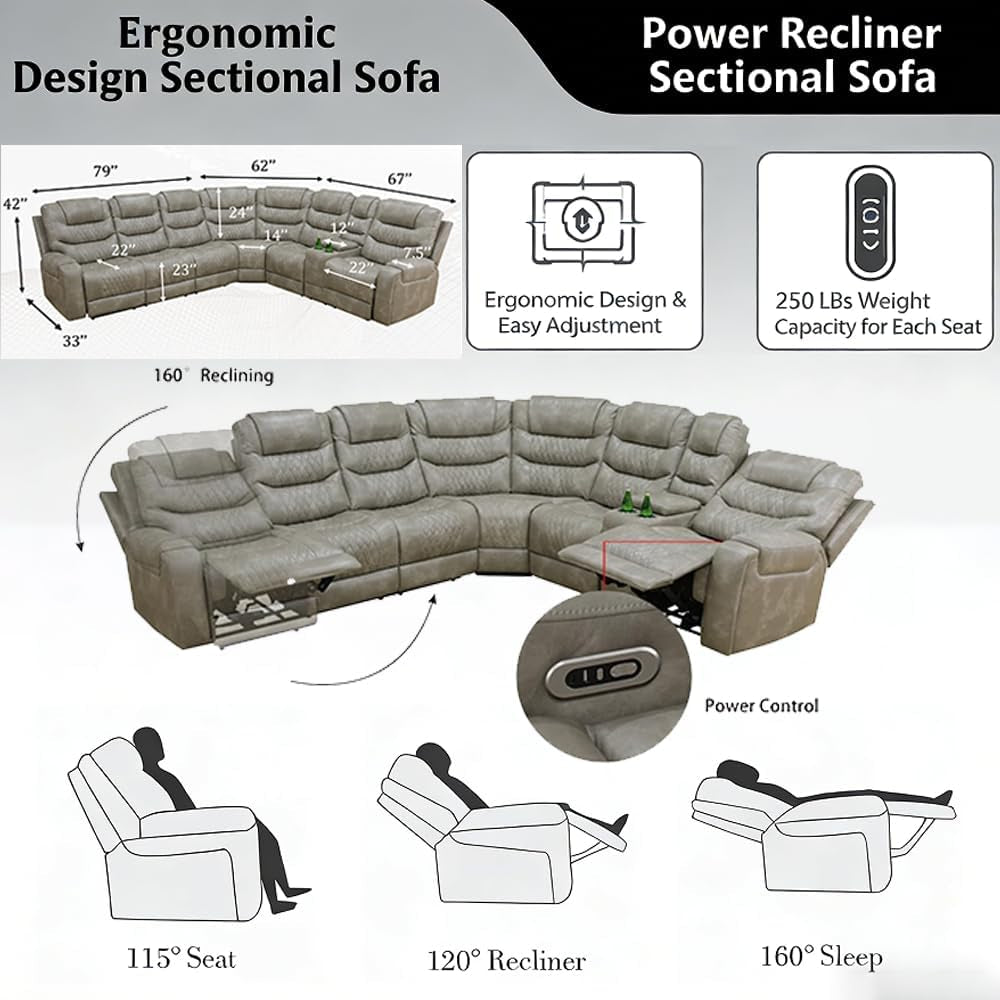 Breathing Leather Power Recliner Sectional Sofa USB