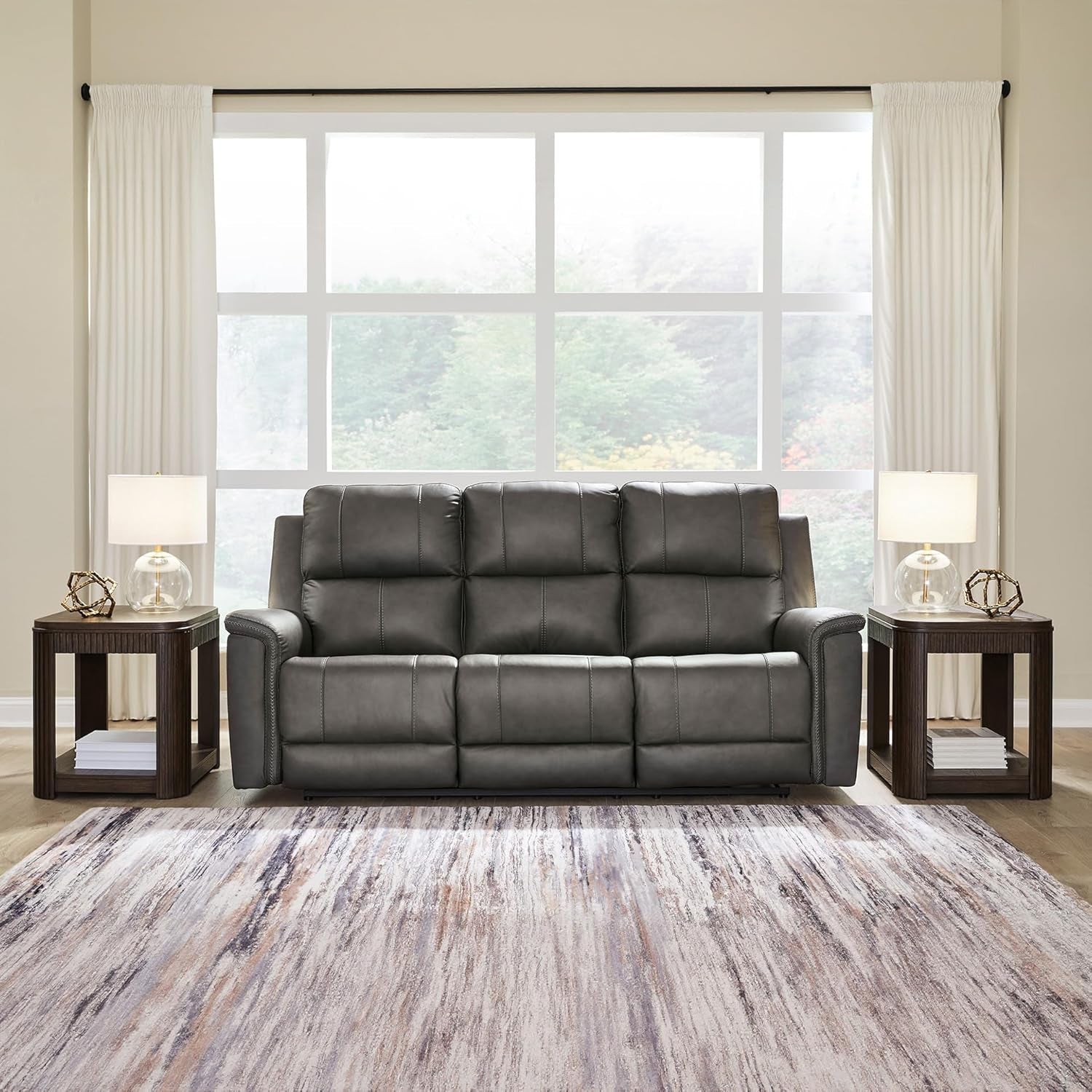 Gray Leather Adjustable Headrest Power Reclining Sofa