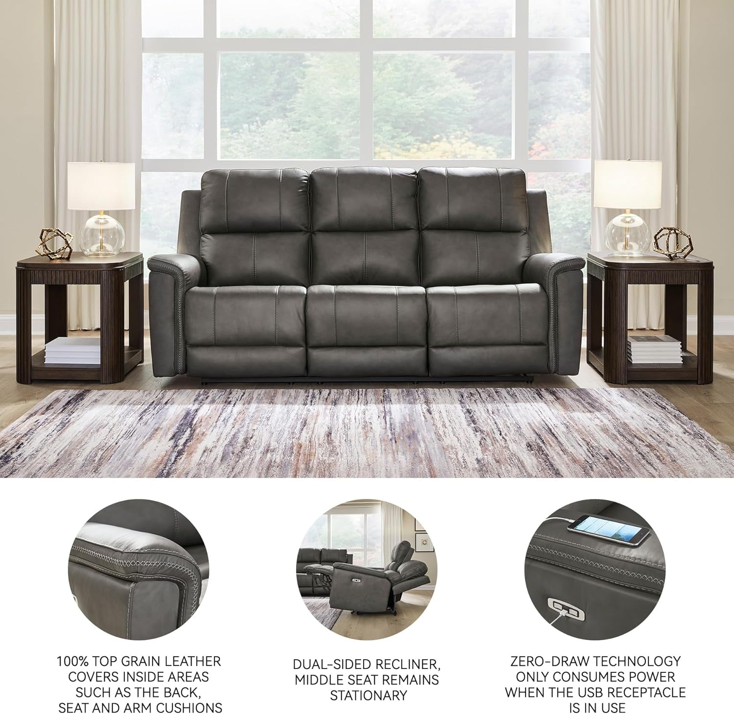 Gray Leather Adjustable Headrest Power Reclining Sofa
