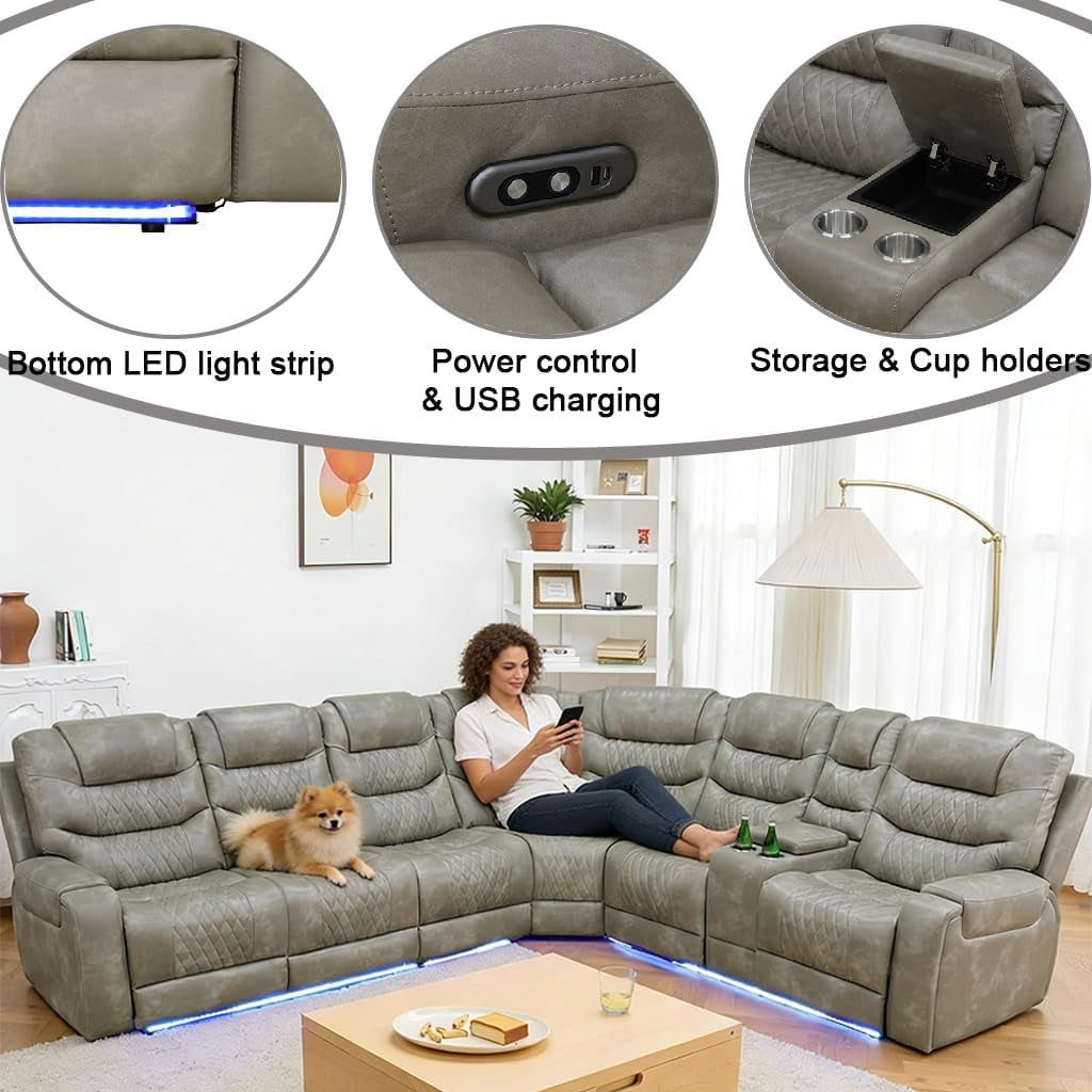 Breathing Leather Power Recliner Sectional Sofa USB