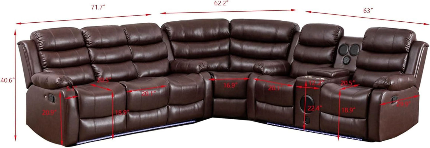 Brown PU Leather Reclining Sectional Sofa USB Chargers