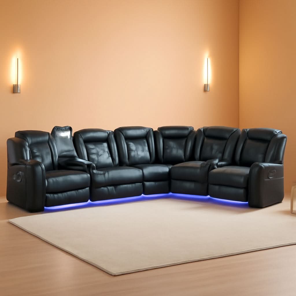 Black Leather Power Reclining Sectional Sofa Living Room