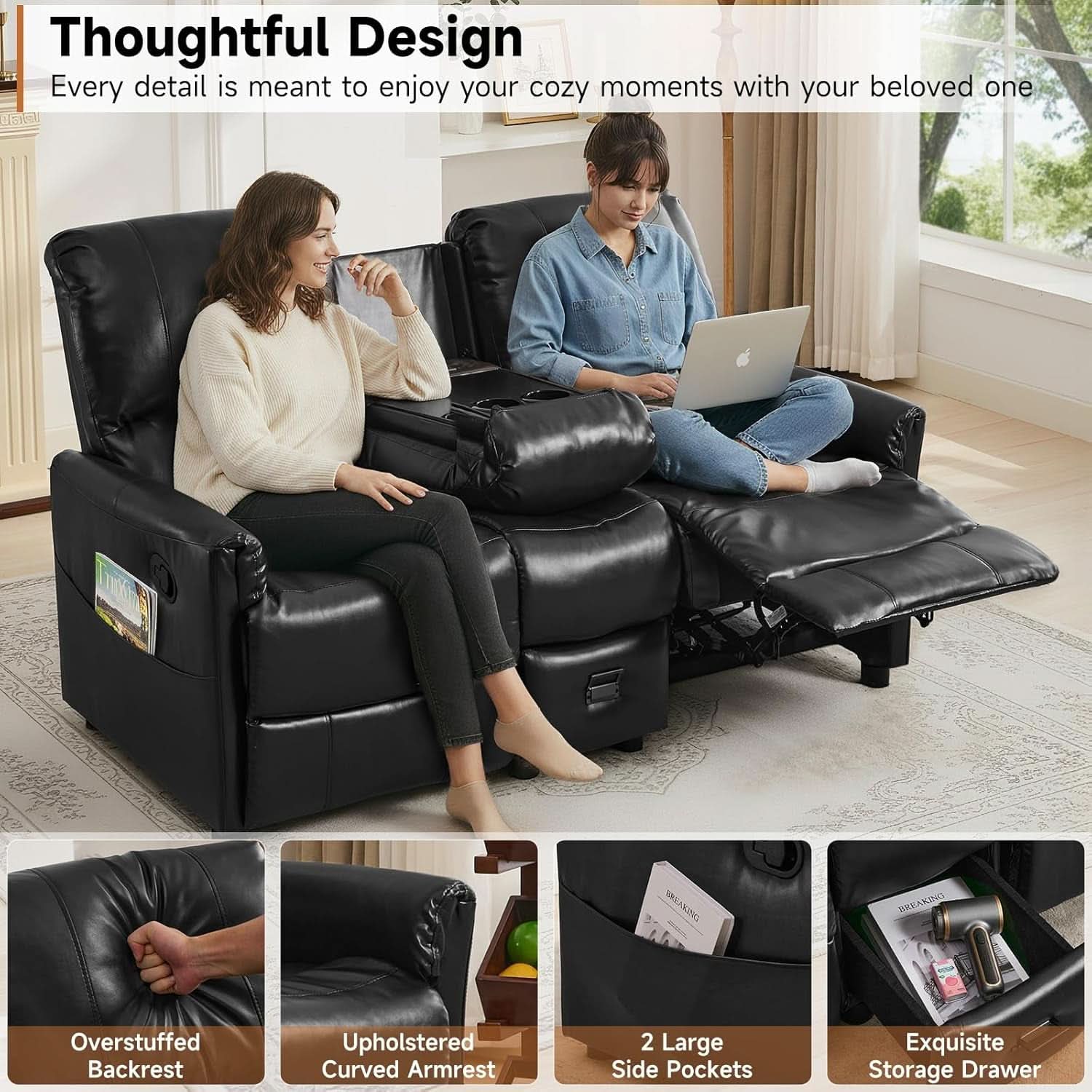 Manual Reclining Two Seater PU Leather Sofa Premium