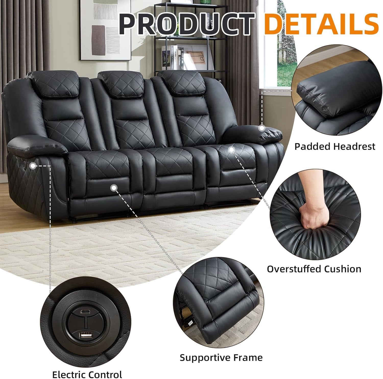 Black Premium Faux Leather Motorized Reclining Sofa