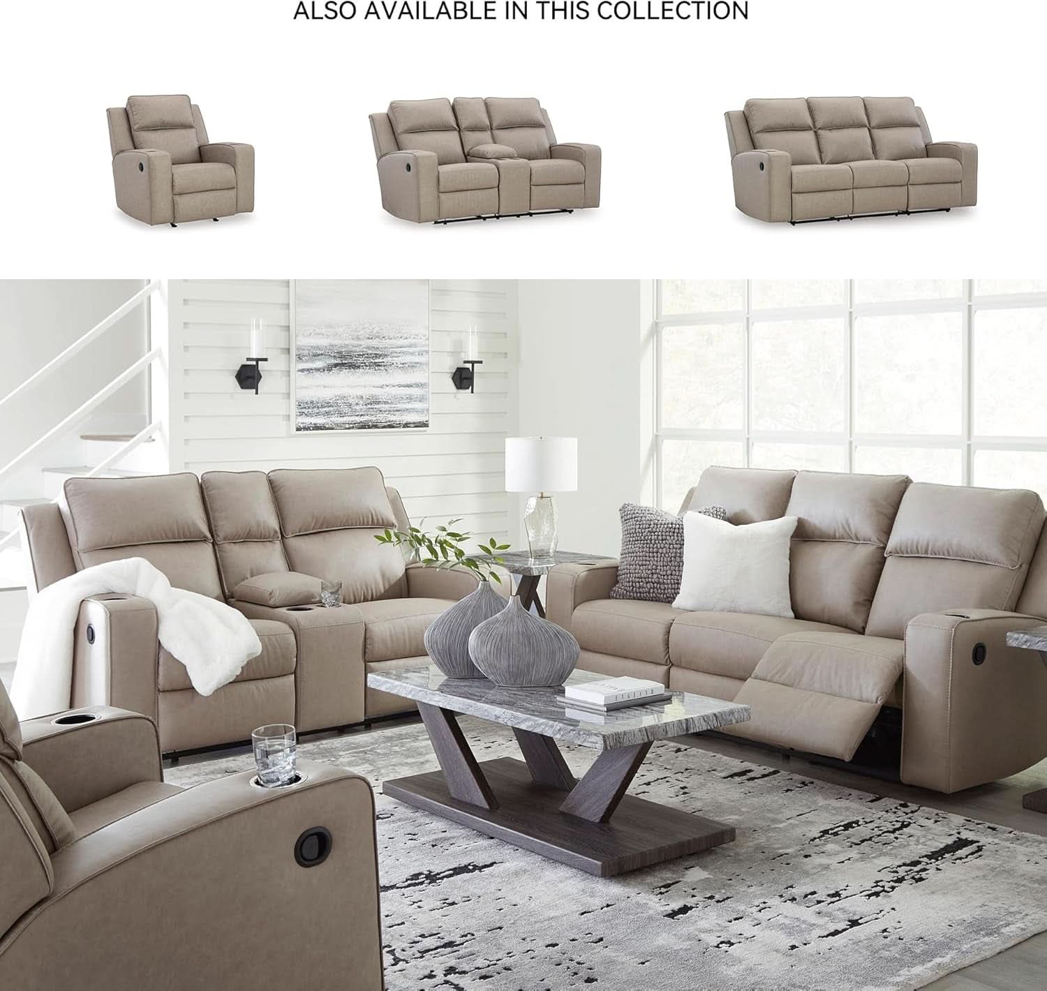Contemporary Faux Leather Manual Recliner Sofa Beige