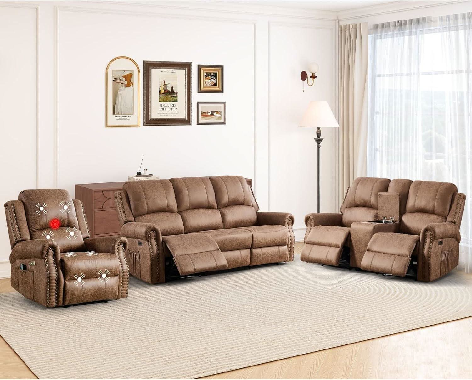 Brown Electric Faux Leather Reclining Sofa Massage
