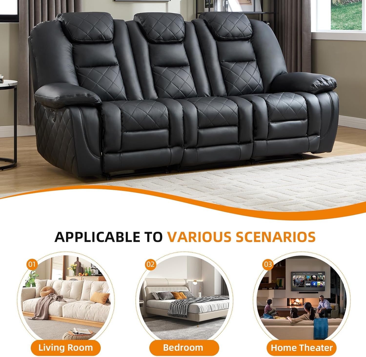 Black Premium Faux Leather Motorized Reclining Sofa