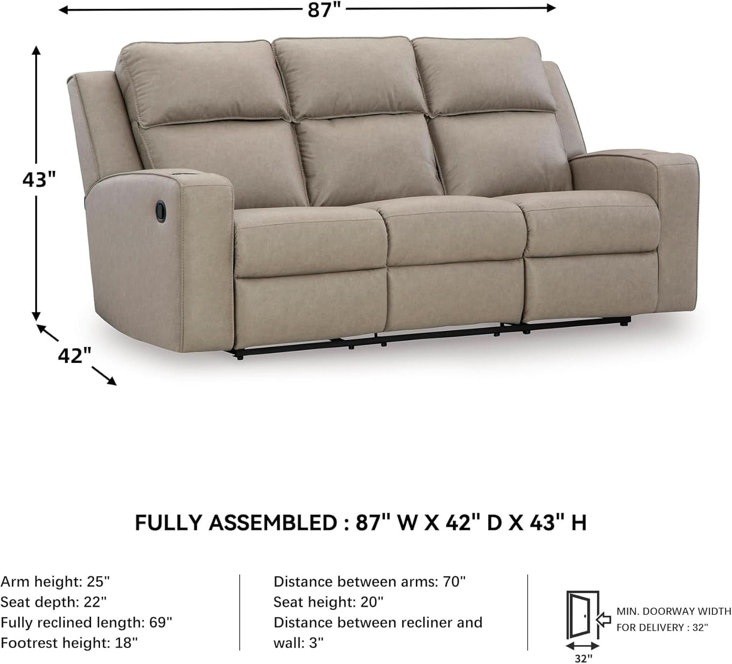 Contemporary Faux Leather Manual Recliner Sofa Beige