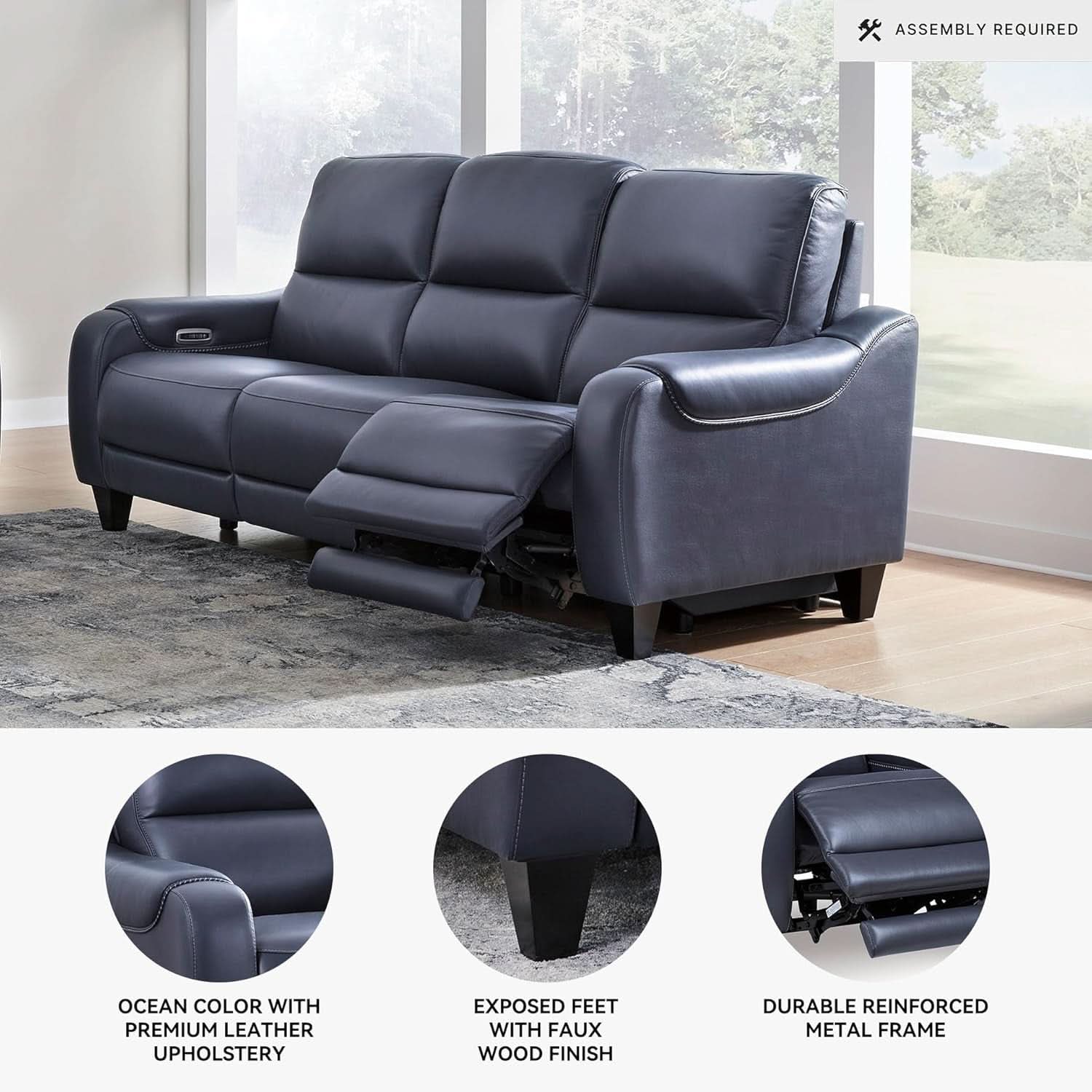 Cerulean Leather Wall Hugger Power Reclining Sofa