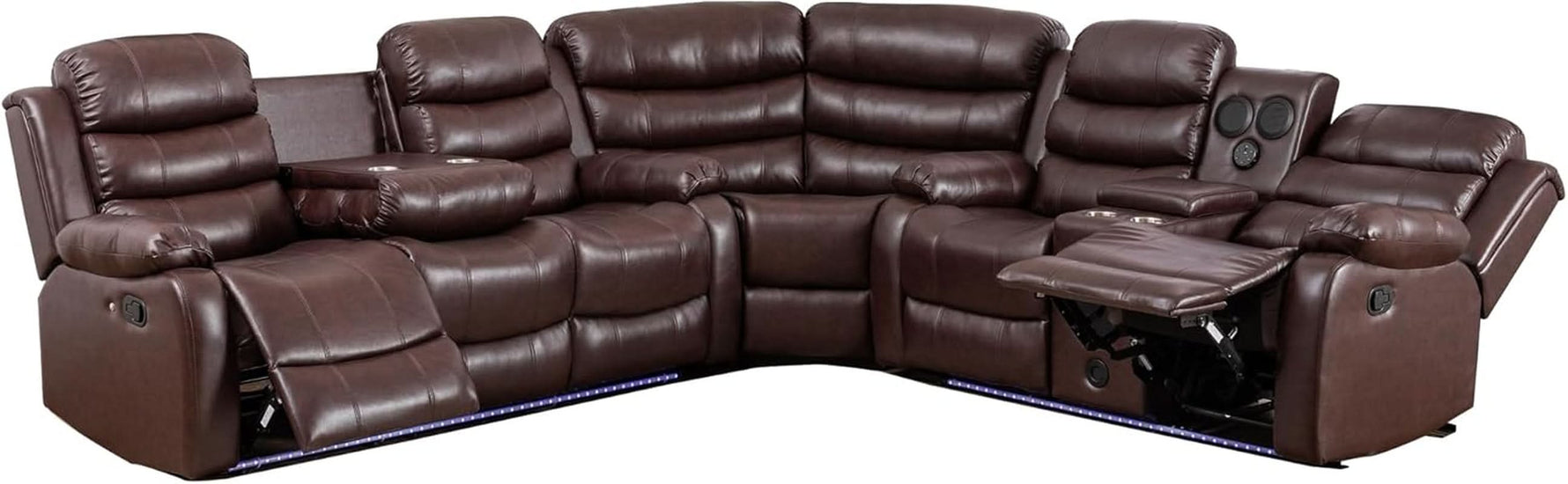 Brown PU Leather Reclining Sectional Sofa USB Chargers