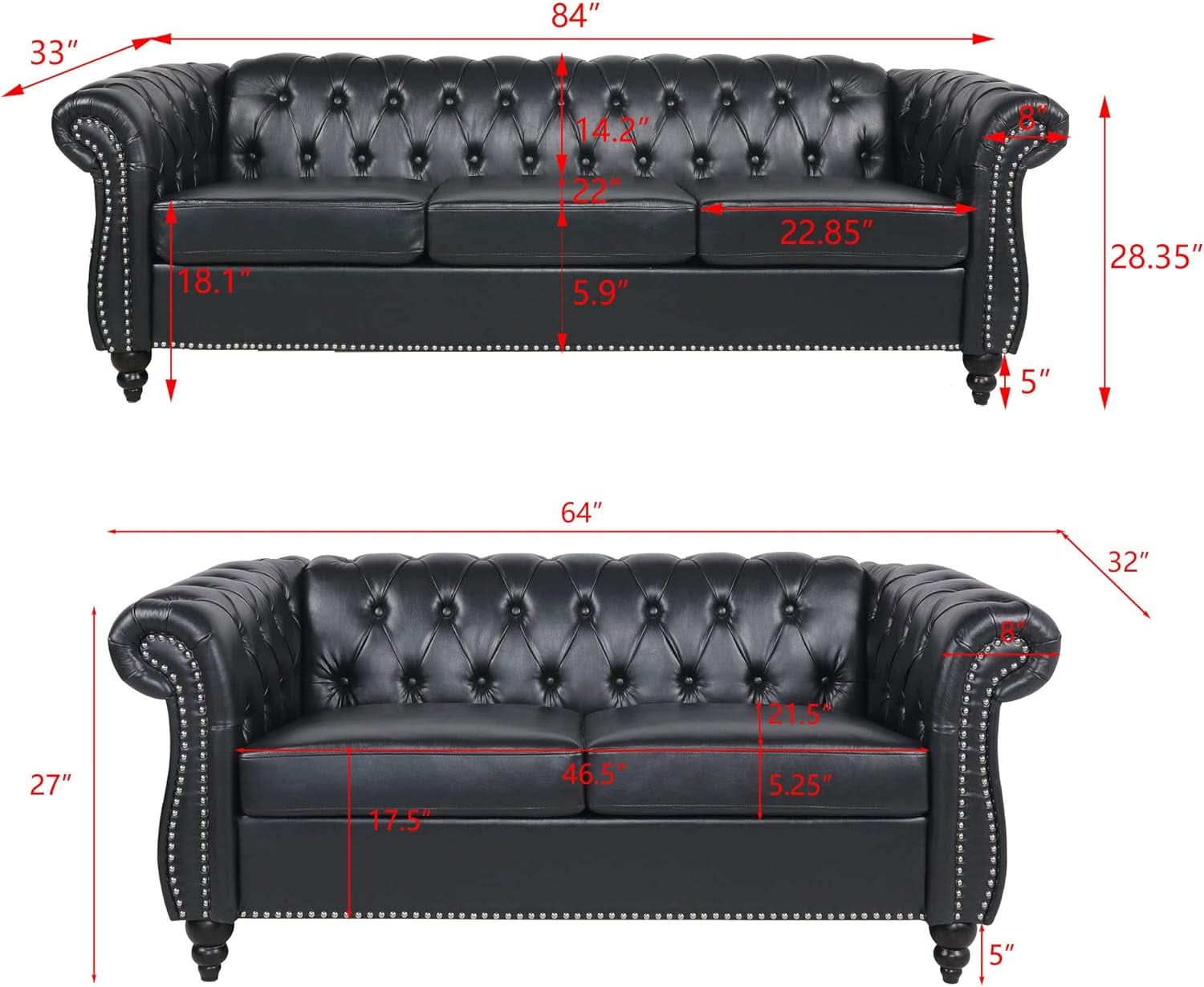 Black Faux Leather Chesterfield Sofa Set 3 Seater Loveseat