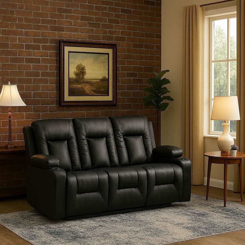 Black Leather Upholstered Manual Recliner Sofa Set