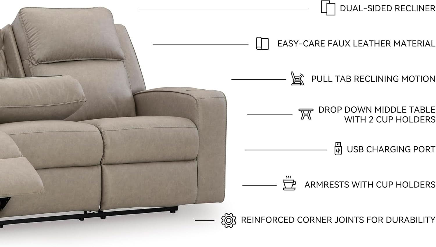 Contemporary Faux Leather Manual Recliner Sofa Beige