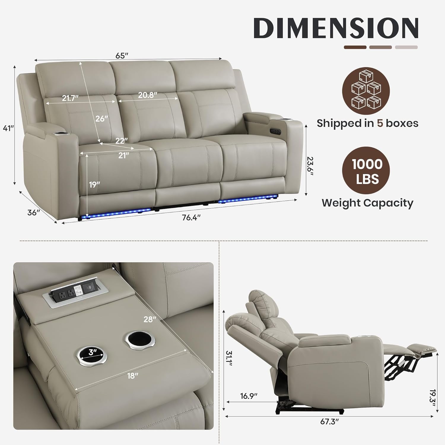Grey Luxurious Leather Reclining Sofa With Headrest
