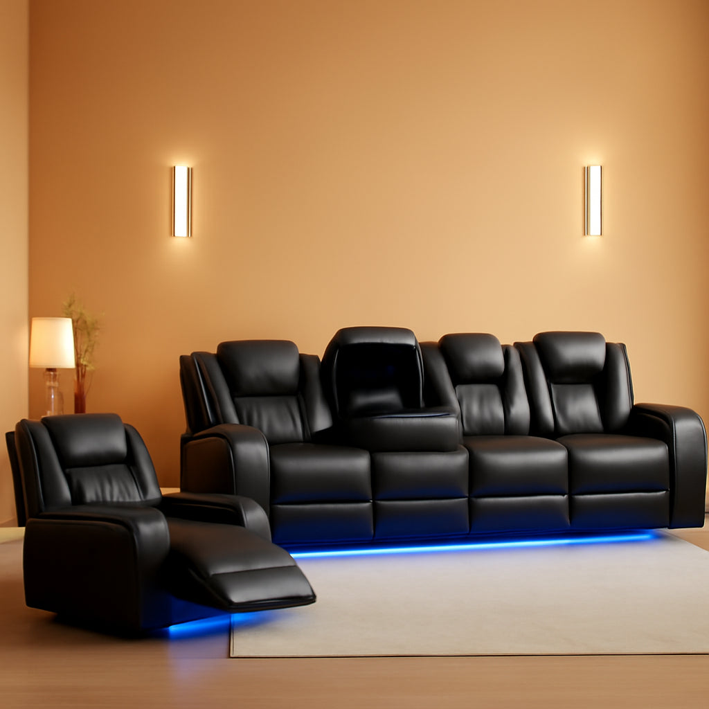 Black Luxurious Leather Power Reclining Sectional Sofa