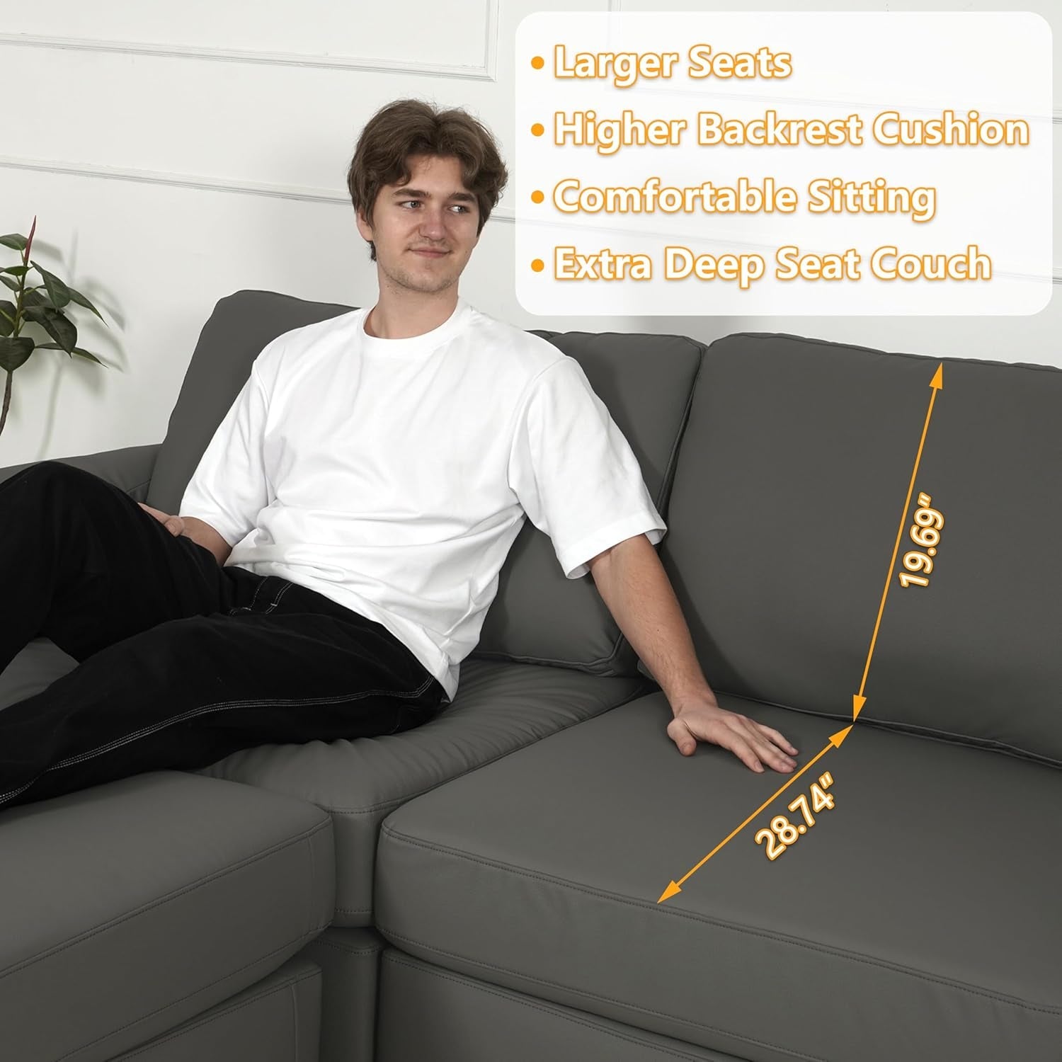 Grey Oversized Loveseat Faux Leather Upholstered Sofa