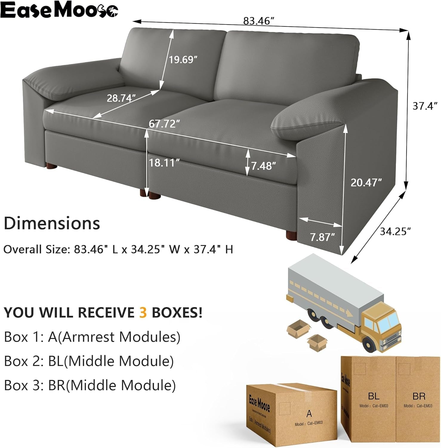 Grey Oversized Loveseat Faux Leather Upholstered Sofa