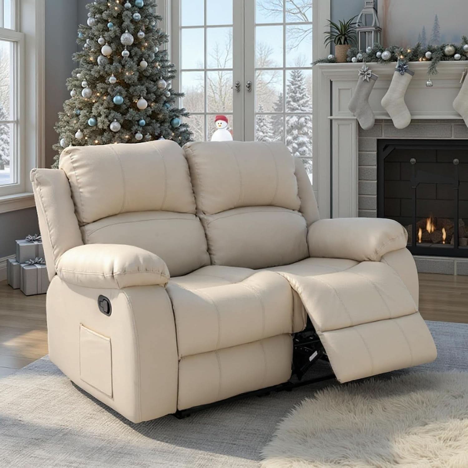 Manual Leather Loveseat Recliner Sofa With Pockets