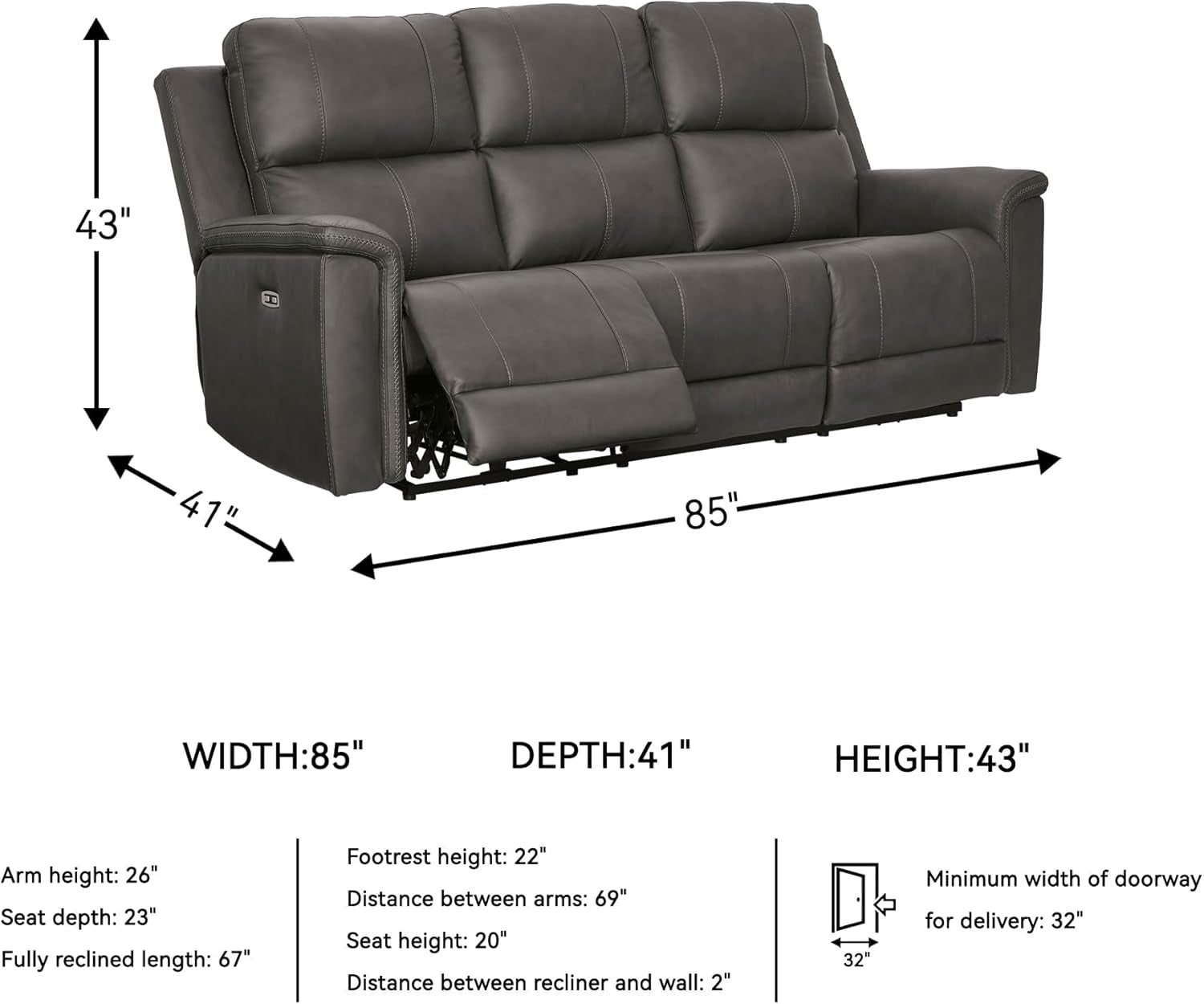 Gray Leather Adjustable Headrest Power Reclining Sofa