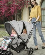 Double Seat Stroller with Adjustable Push Handle, Detachable Canopy and Foot Rest, Foldable Baby Pushchair Buggy for Traveling, Going Shopping &