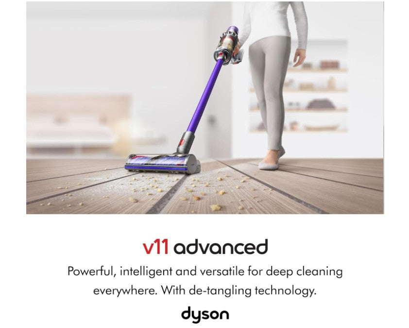 Dyson V11 Advanced cordless stick vacuum cleaner, 200 AW, 60min, Hair de-tangling (Nickel/Purple)