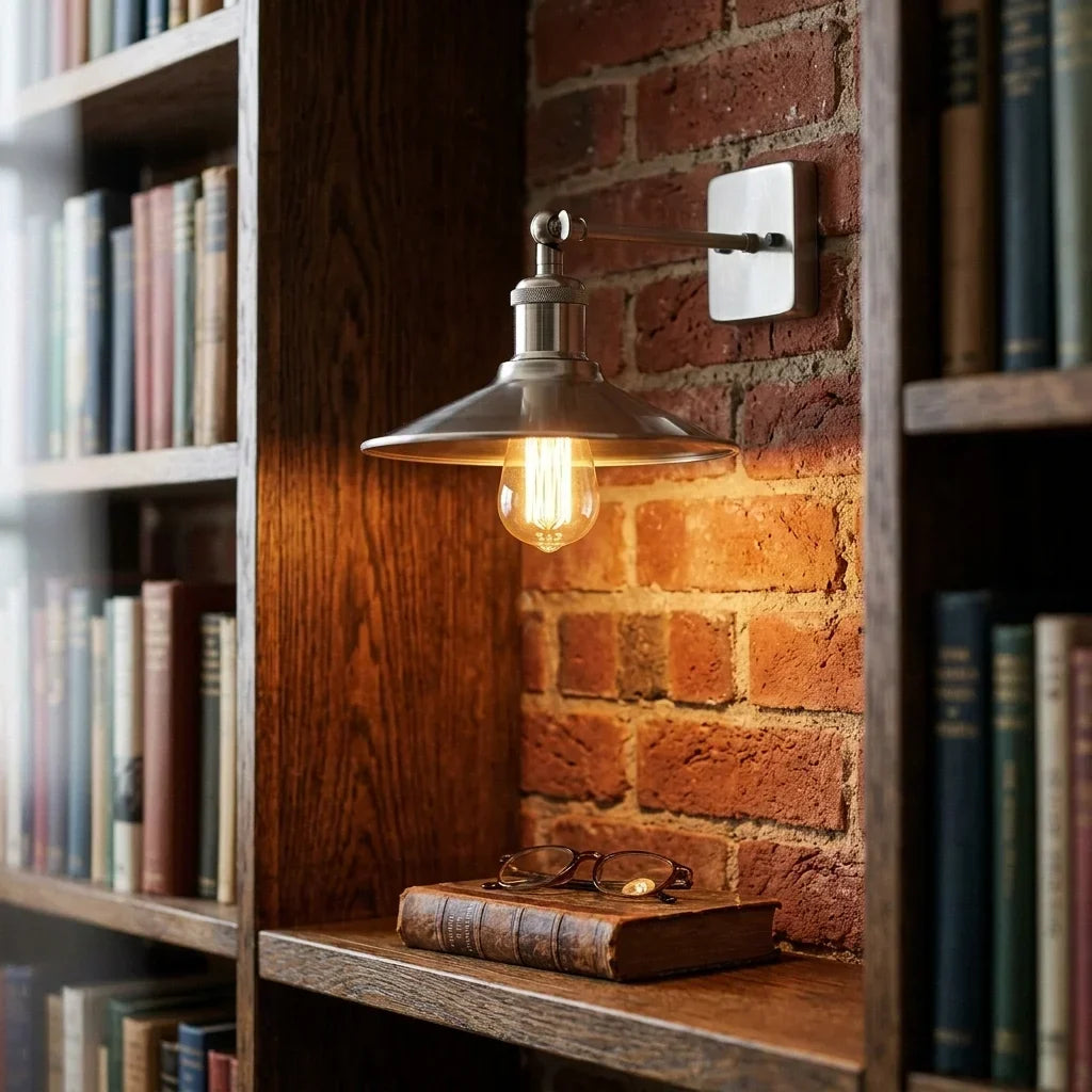 Industrial Satin Nickel Wall Light with Adjustable Shade - E27 Fitting ~5953