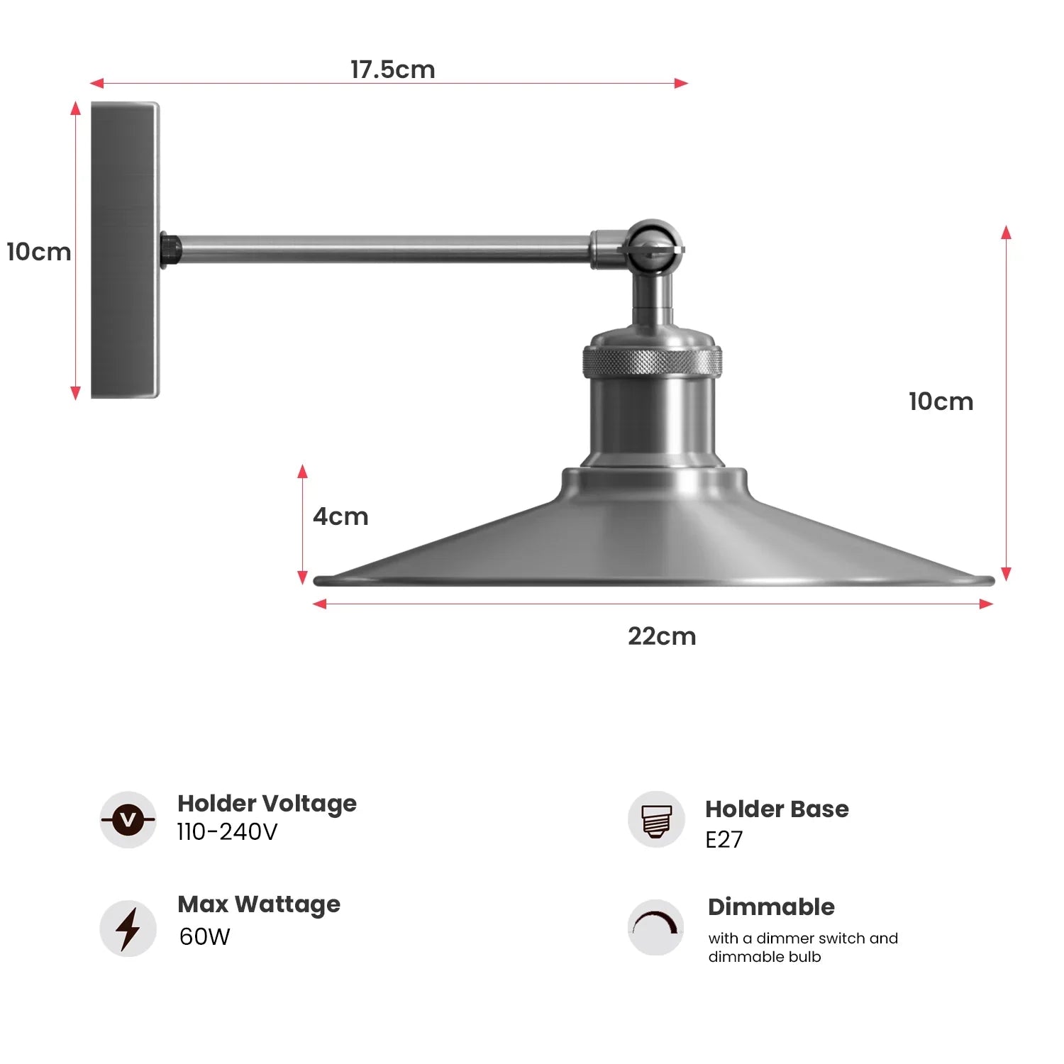 Industrial Satin Nickel Wall Light with Adjustable Shade - E27 Fitting ~5953