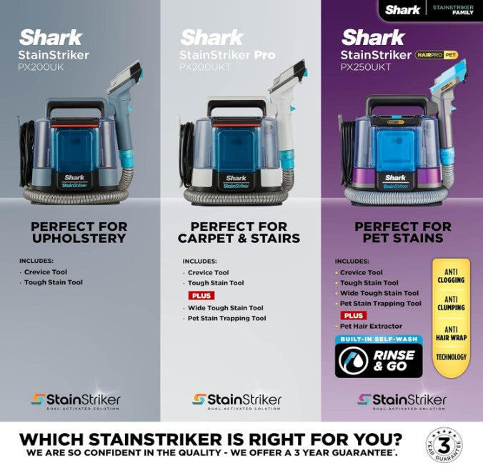 Shark StainStriker Pet Stain and Spot Cleaner, Compact Carpet and Upholstery Cleaner with Powerful Suction, Dual Cleaning Formulas, 4 Tools, Removes Stains, Odours and Dirt, White/Turquoise