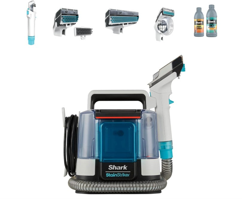 Shark StainStriker Pet Stain and Spot Cleaner, Compact Carpet and Upholstery Cleaner with Powerful Suction, Dual Cleaning Formulas, 4 Tools, Removes Stains, Odours and Dirt, White/Turquoise