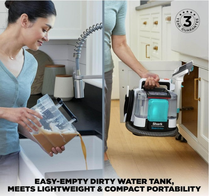 Shark StainStriker Pet Stain and Spot Cleaner, Compact Carpet and Upholstery Cleaner with Powerful Suction, Dual Cleaning Formulas, 4 Tools, Removes Stains, Odours and Dirt, White/Turquoise