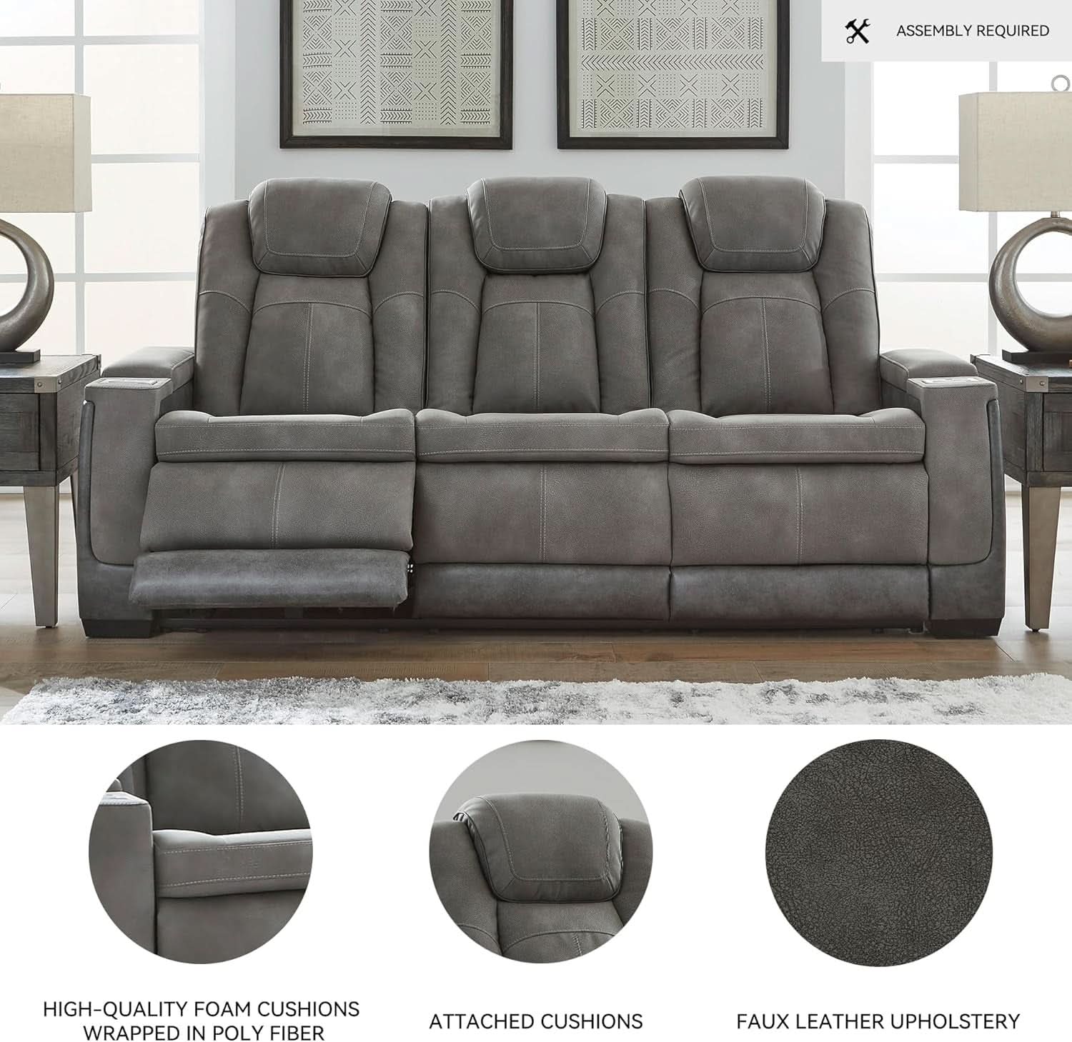 Gray Longlasting Faux Leather Power Reclining Sofa