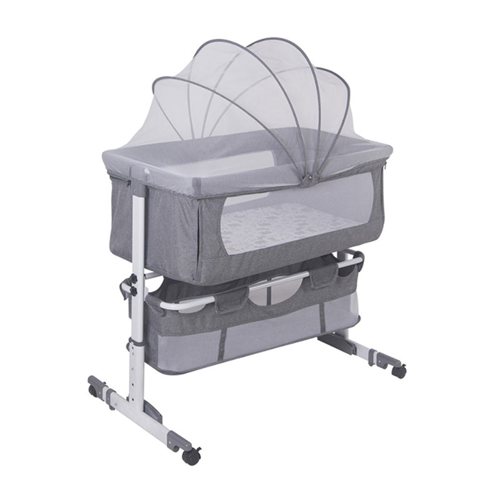 Baby bed, adjustable height, with fastening strap, mosquito net, wheels mosquito stuffy adjustment