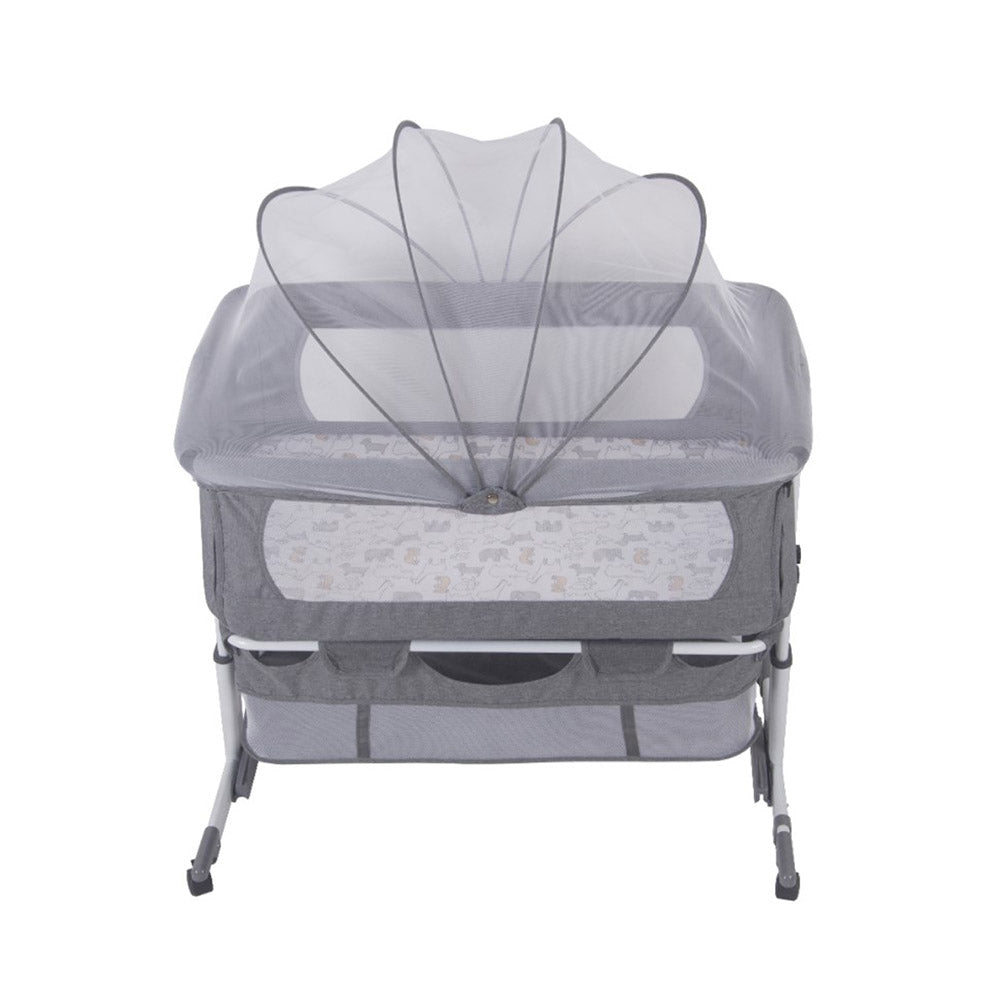 Baby bed, adjustable height, with fastening strap, mosquito net, wheels mosquito stuffy adjustment