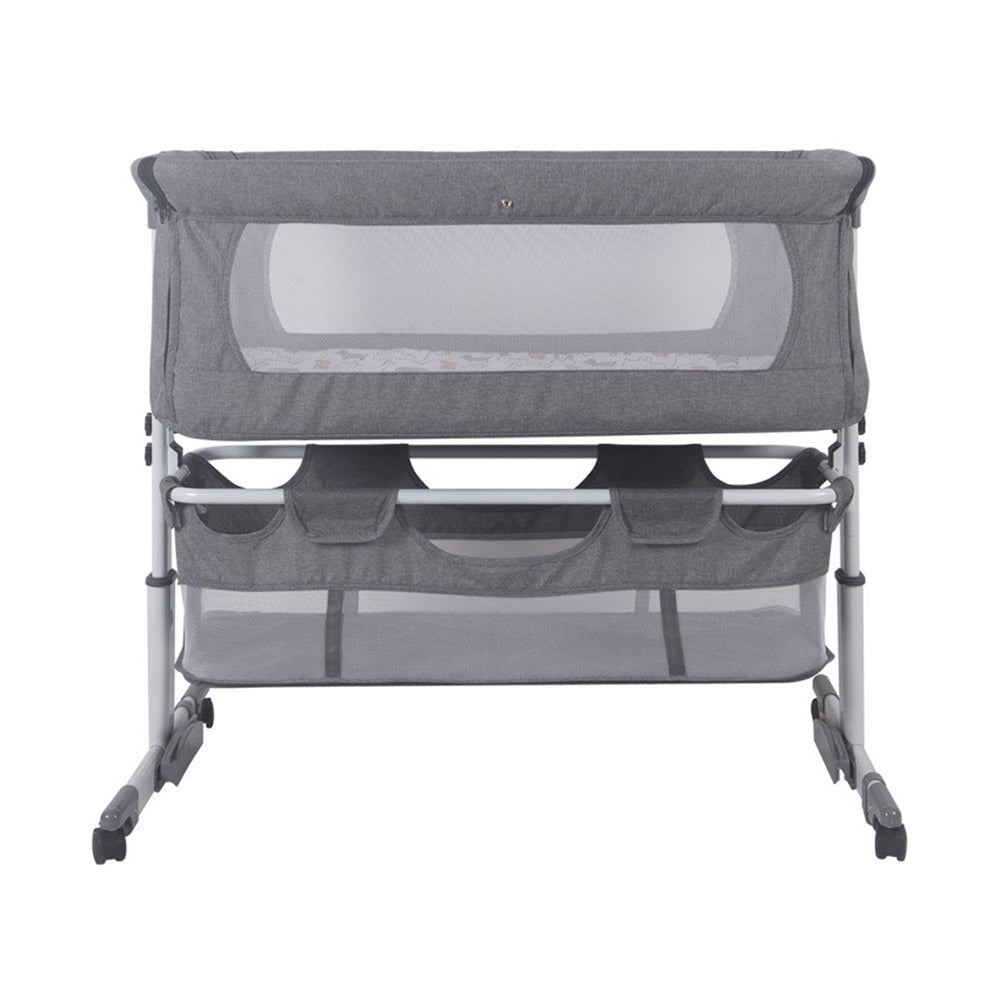 Baby bed, adjustable height, with fastening strap, mosquito net, wheels mosquito stuffy adjustment